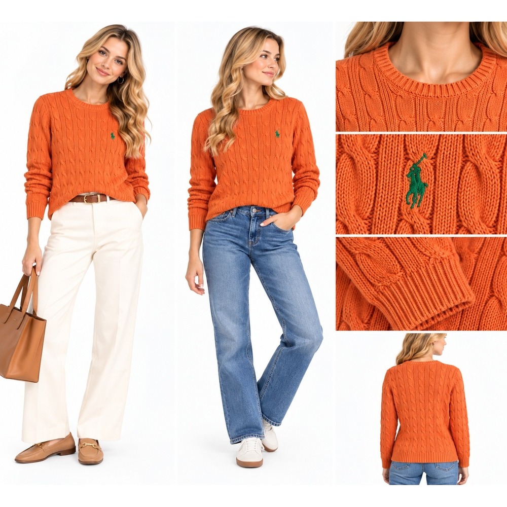 Ralph Lauren M Sweater Orange 100% Cotton Cable Knit Pony Logo Preppy Old Money